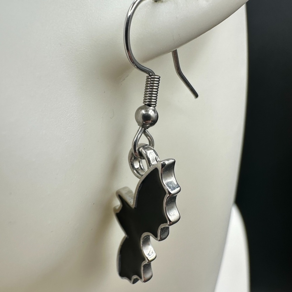 Vintage Black Enamel Bat Dangle Earrings Silver Tone Halloween Style